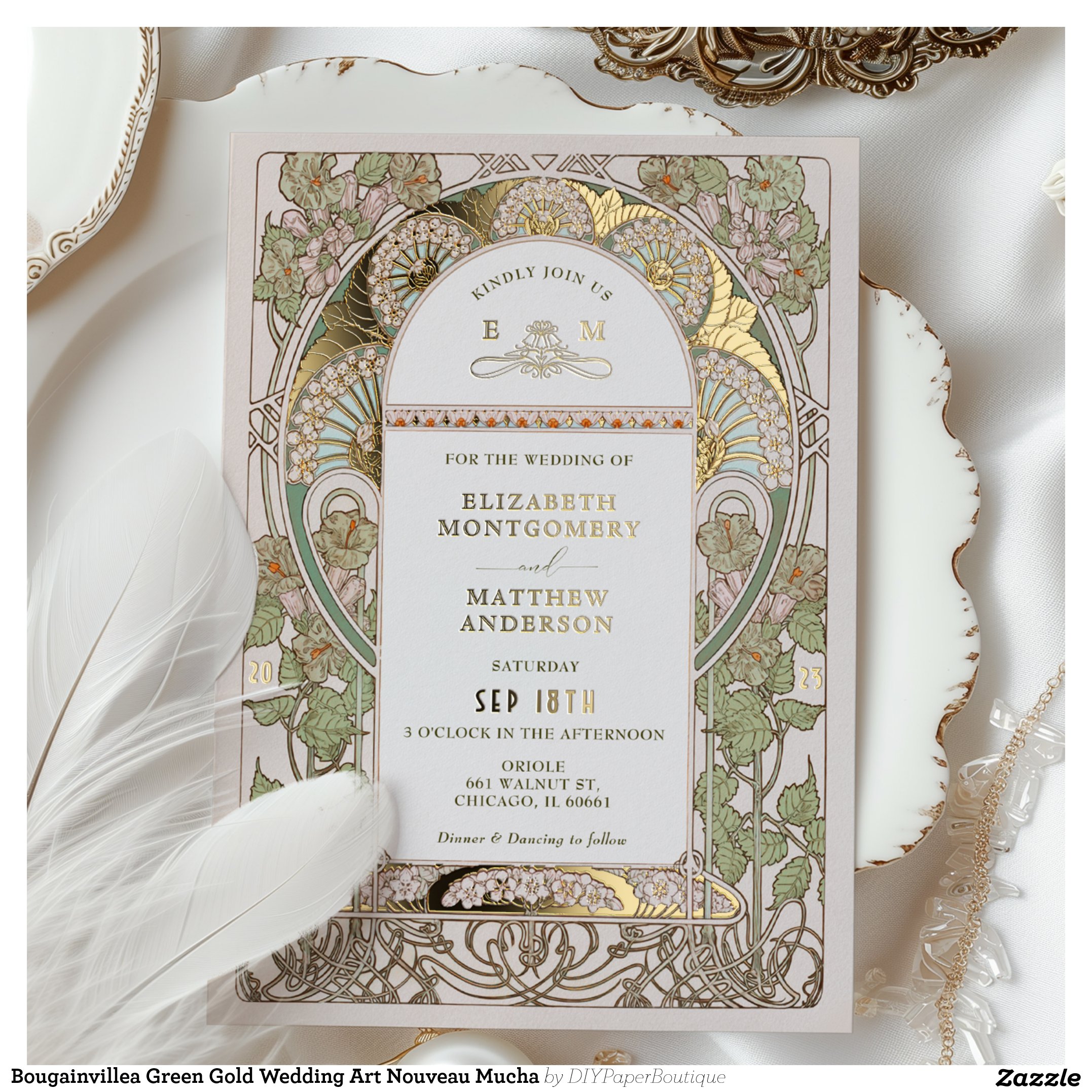 Bougainvillea Green Gold Wedding Art Nouveau Mucha Foil Invitation