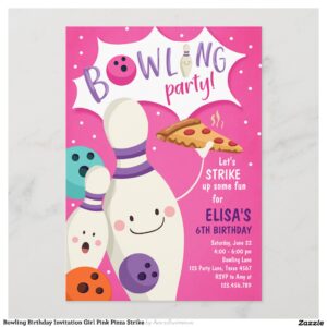 Bowling Birthday Invitation Girl Pink Pizza Strike