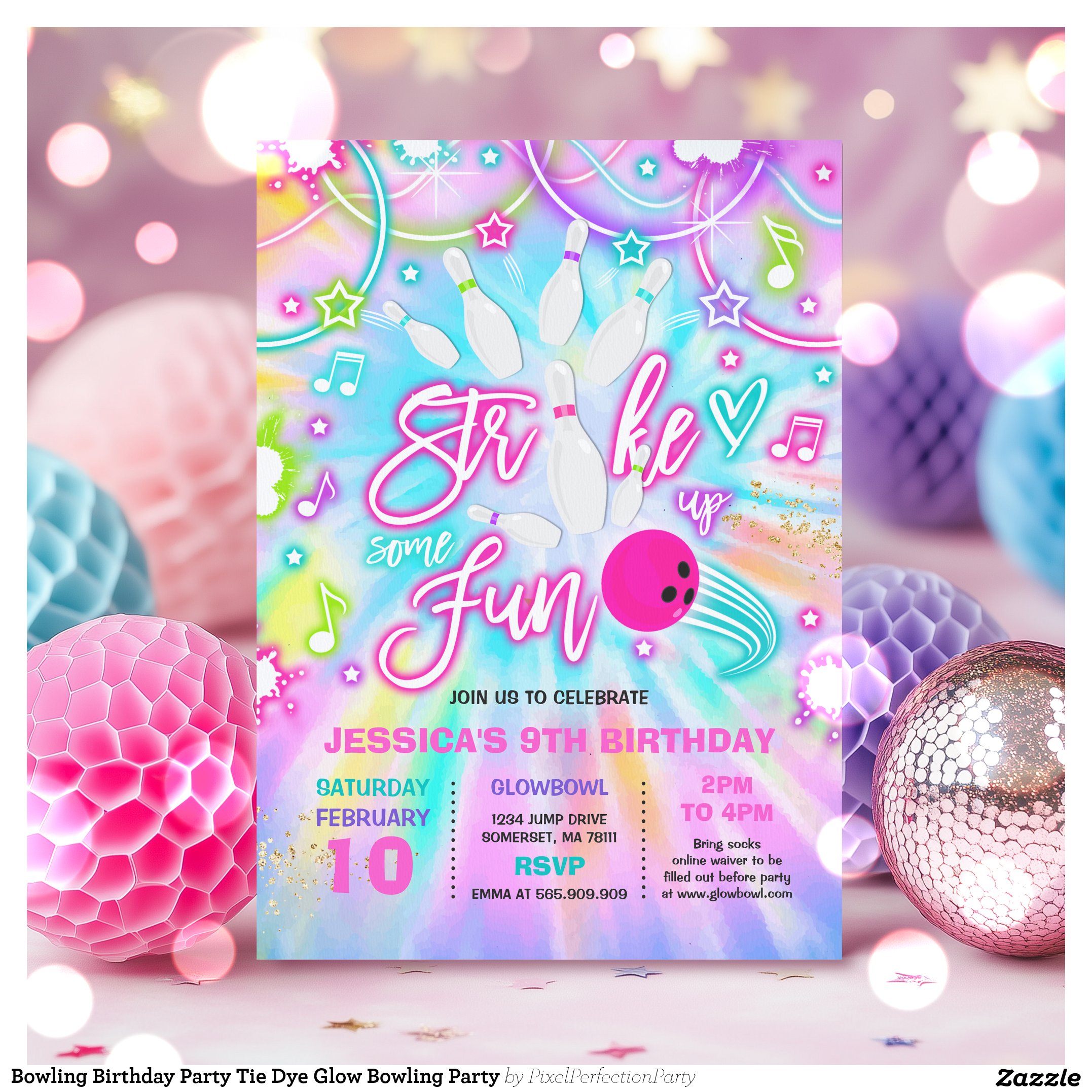 Bowling Birthday Party Tie Dye Glow Bowling Party Invitation