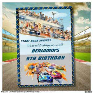 Boy Auto Car Racing Theme 5th Birthday Party Invitation