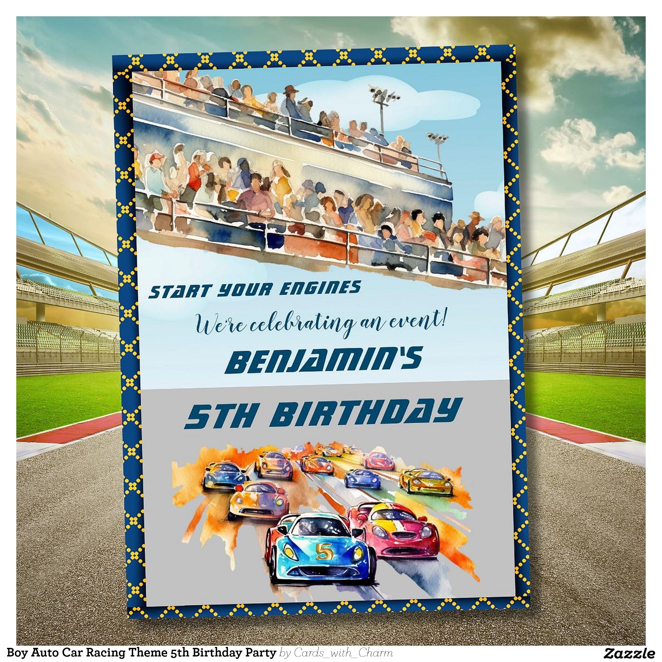 Boy Auto Car Racing Theme 5th Birthday Party Invitation