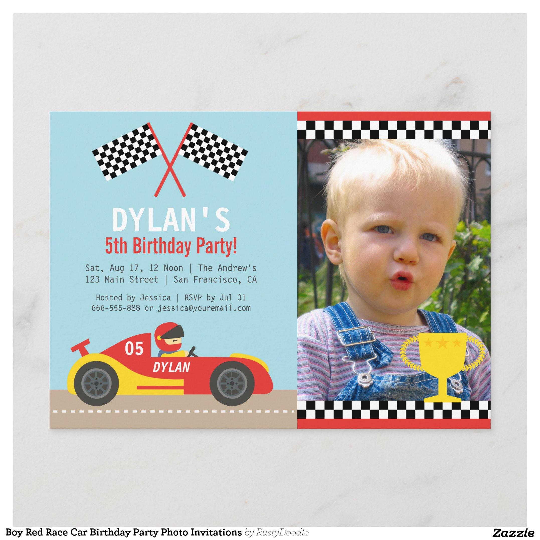 Boy Red Race Car Birthday Party Photo Invitations
