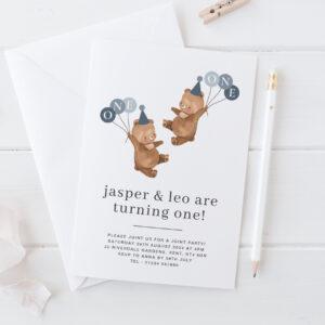 Boy Twins - Bears Party Hats - Joint 1st Birthday Invitation
