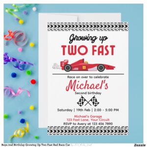 Boys 2nd Birthday Growing Up Two Fast Red Race Car Invitation