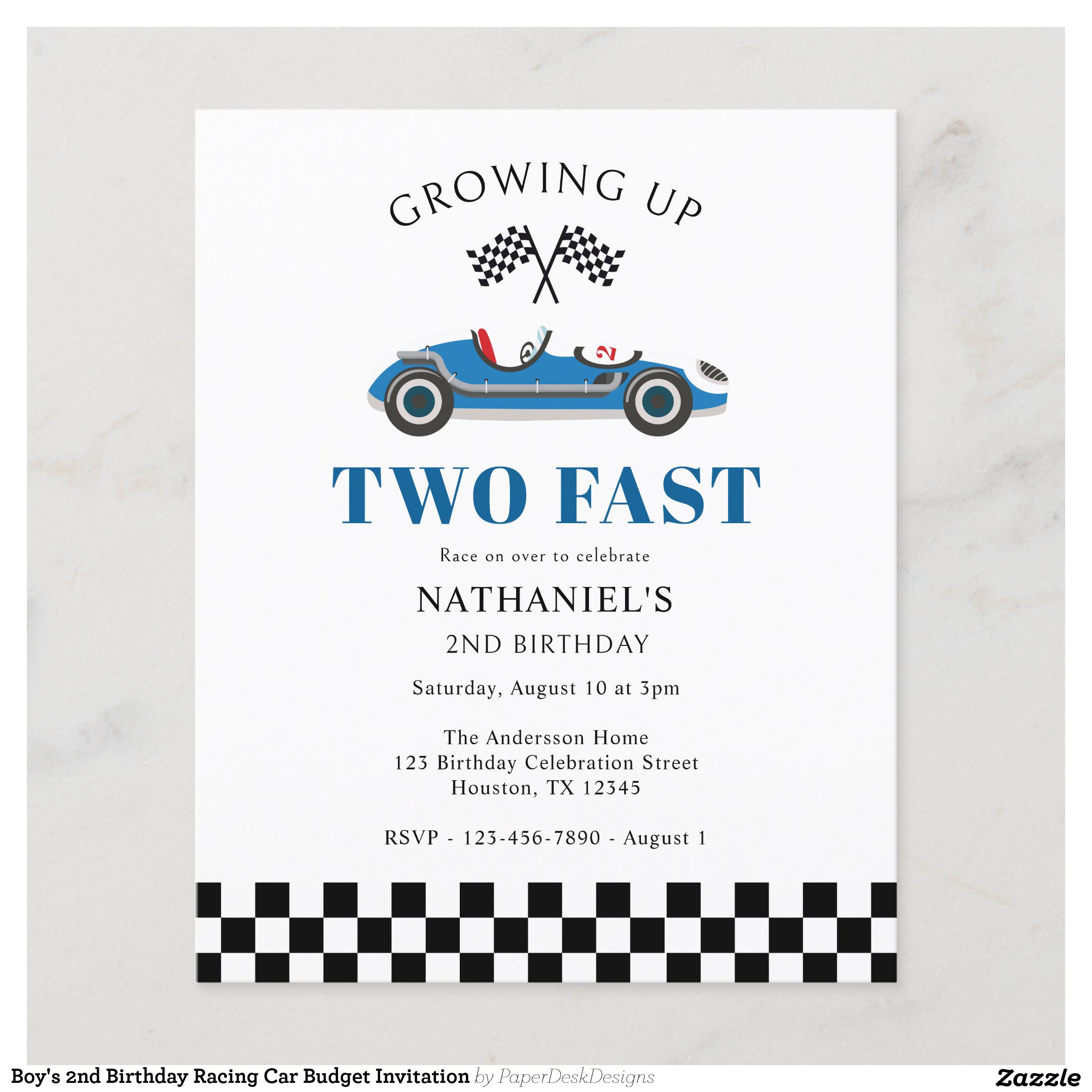 Boy's 2nd Birthday Racing Car Budget Invitation