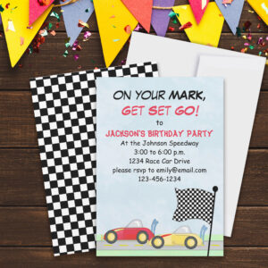 Boys Birthday Race Cars Modern Checkered Flag Invitation