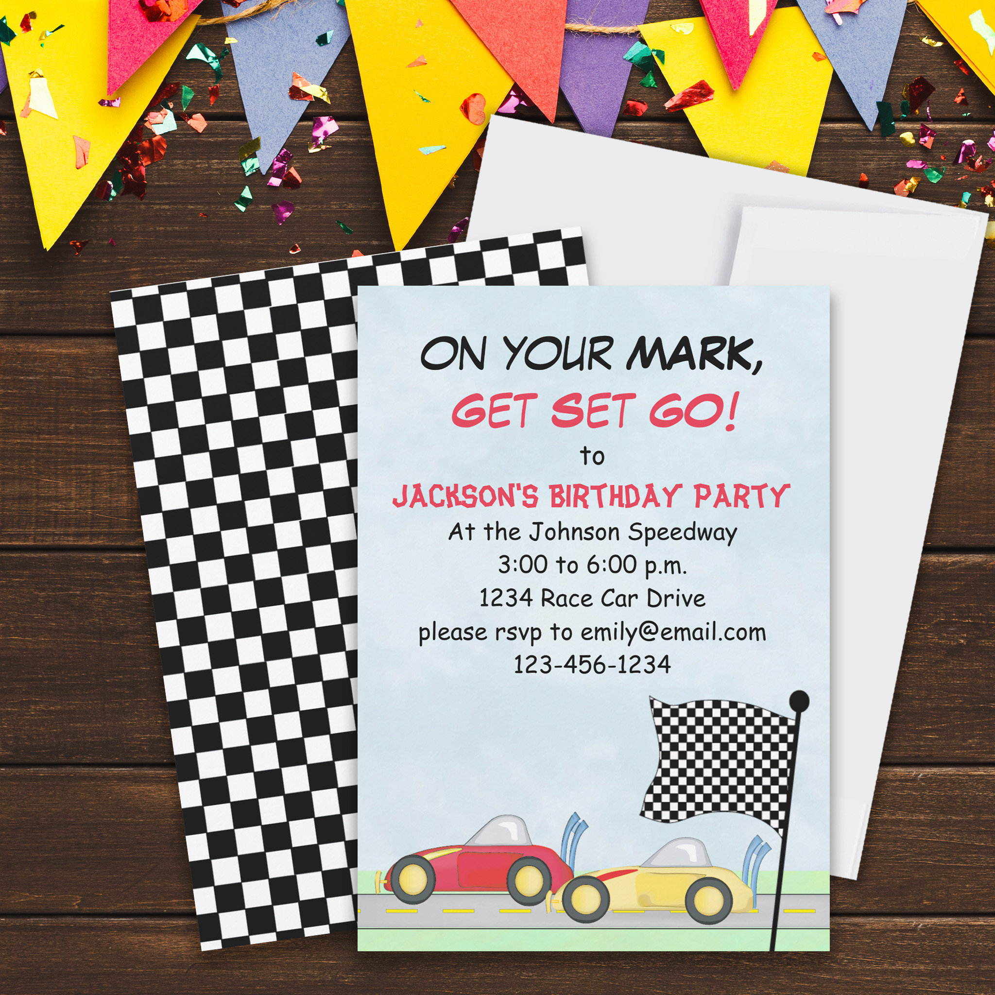 Boys Birthday Race Cars Modern Checkered Flag Invitation