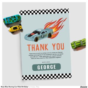 Boys Blue Racing Car Kids Birthday Thank You Card