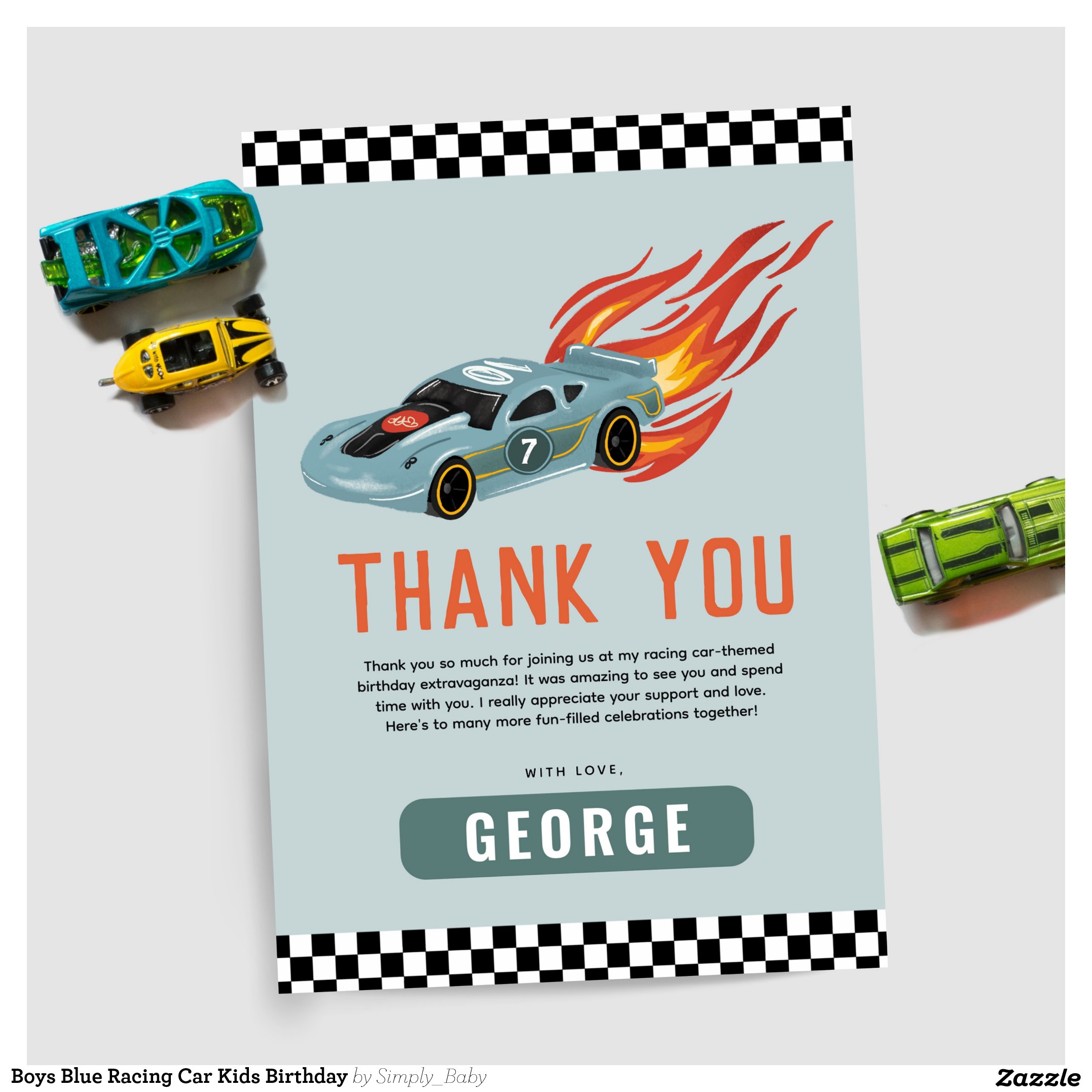 Boys Blue Racing Car Kids Birthday Thank You Card