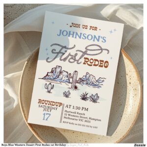 Boys Blue Western Desert First Rodeo 1st Birthday Invitation