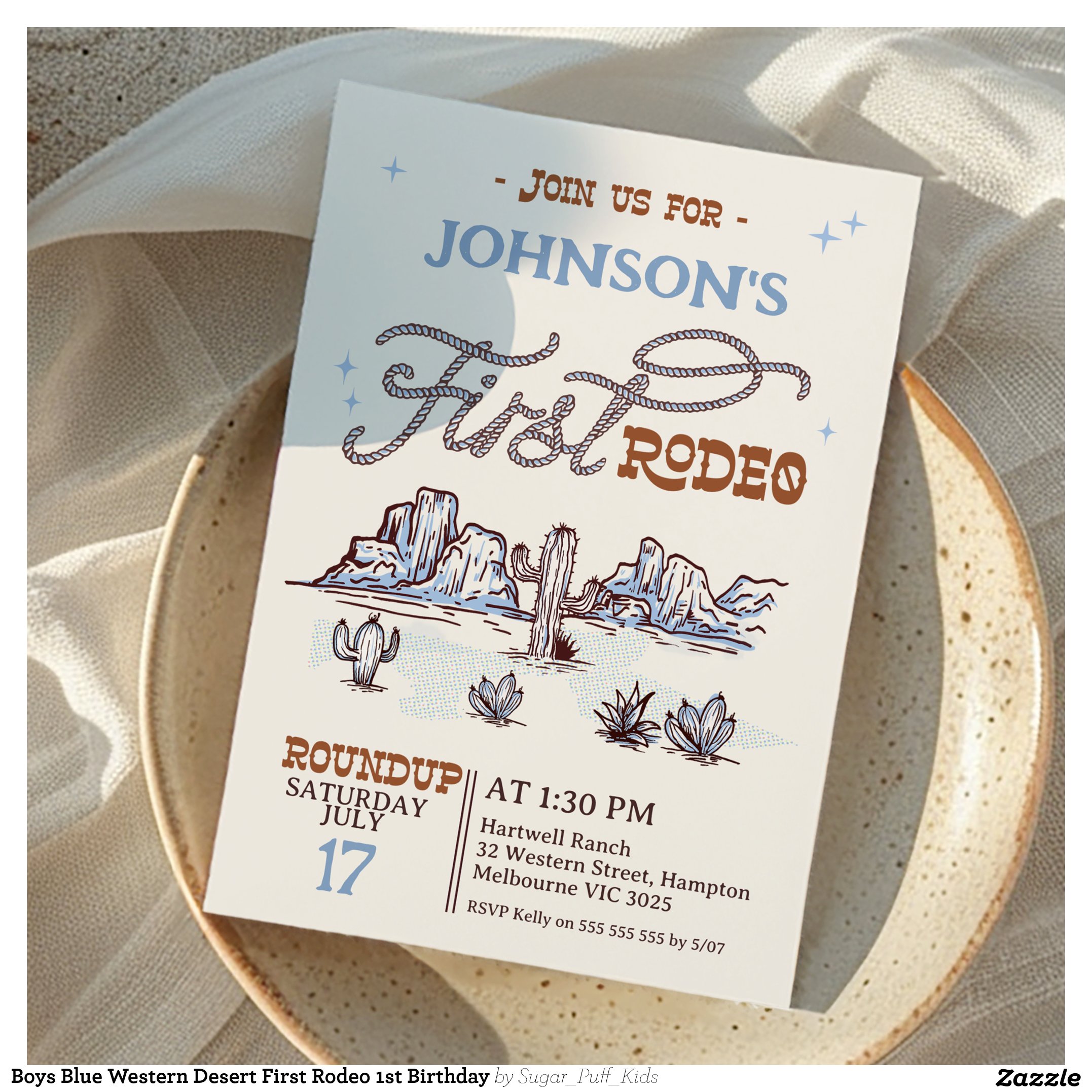 Boys Blue Western Desert First Rodeo 1st Birthday Invitation