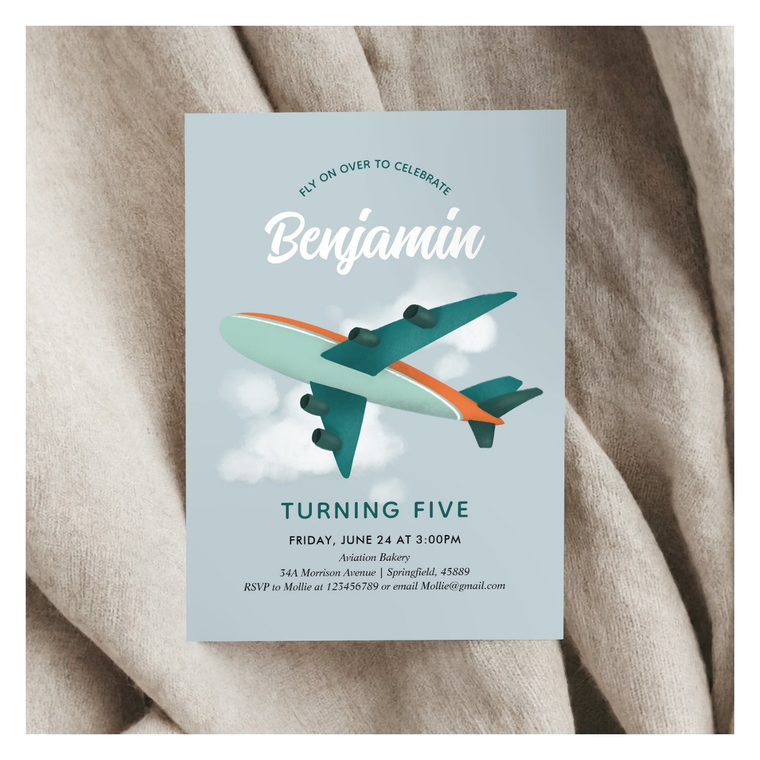 Boys Cool Blue Airplane Travel 5th Birthday Invitation