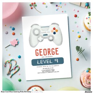 Boys Cool Blue Gaming Kids Birthday Invitation