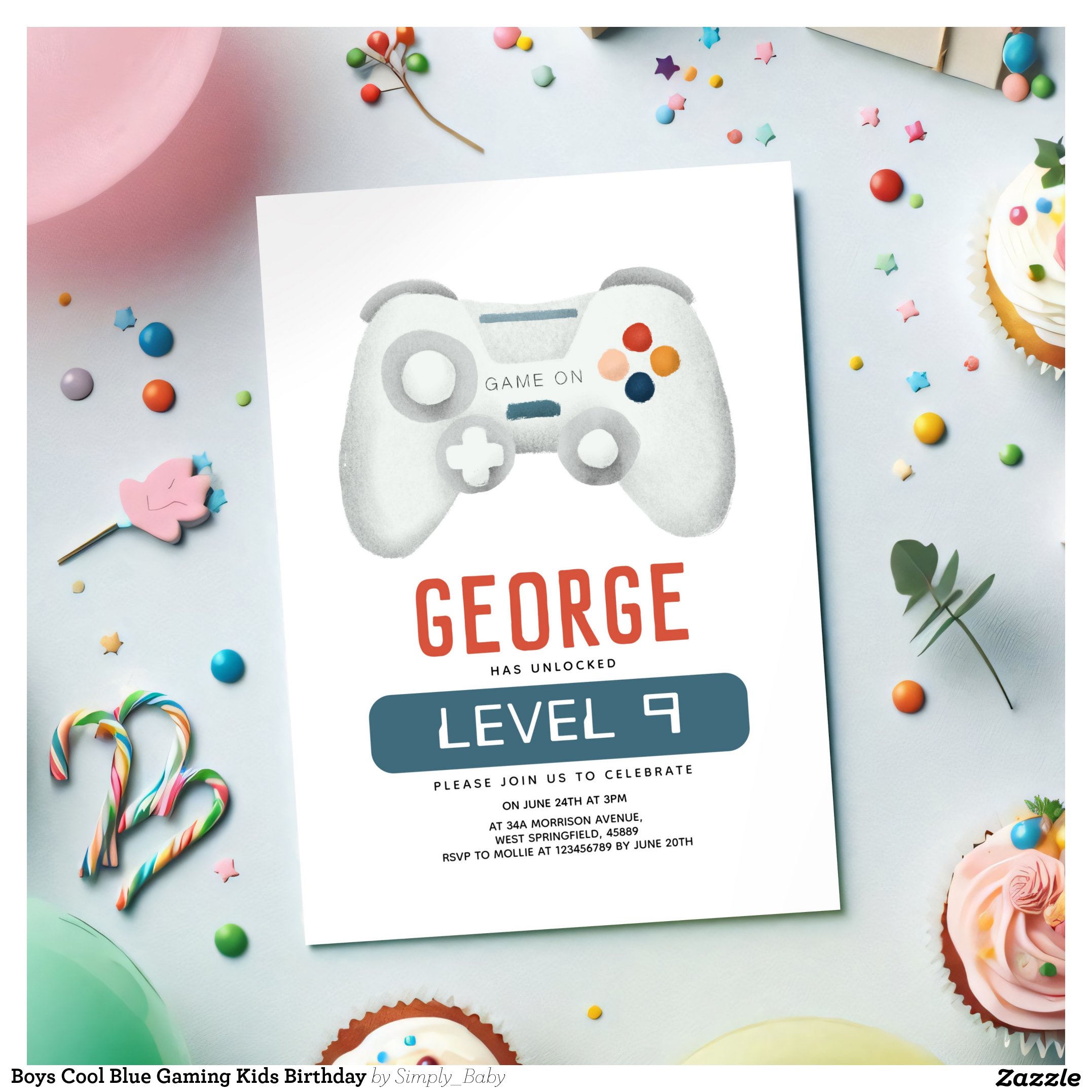 Boys Cool Blue Gaming Kids Birthday Invitation