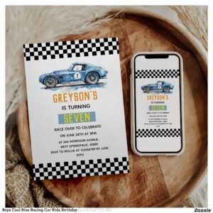 Boys Cool Blue Racing Car Kids Birthday Invitation