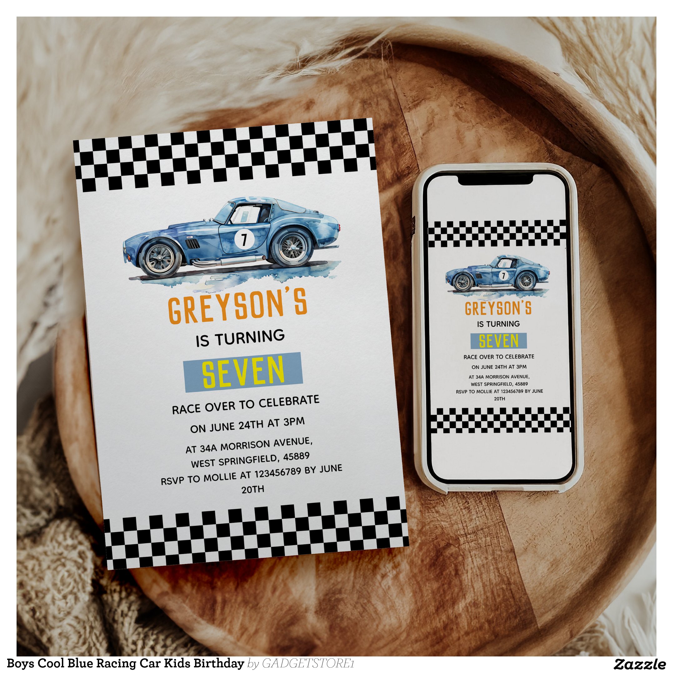 Boys Cool Blue Racing Car Kids Birthday Invitation
