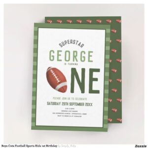 Boys Cute Football Sports Kids 1st Birthday Invitation