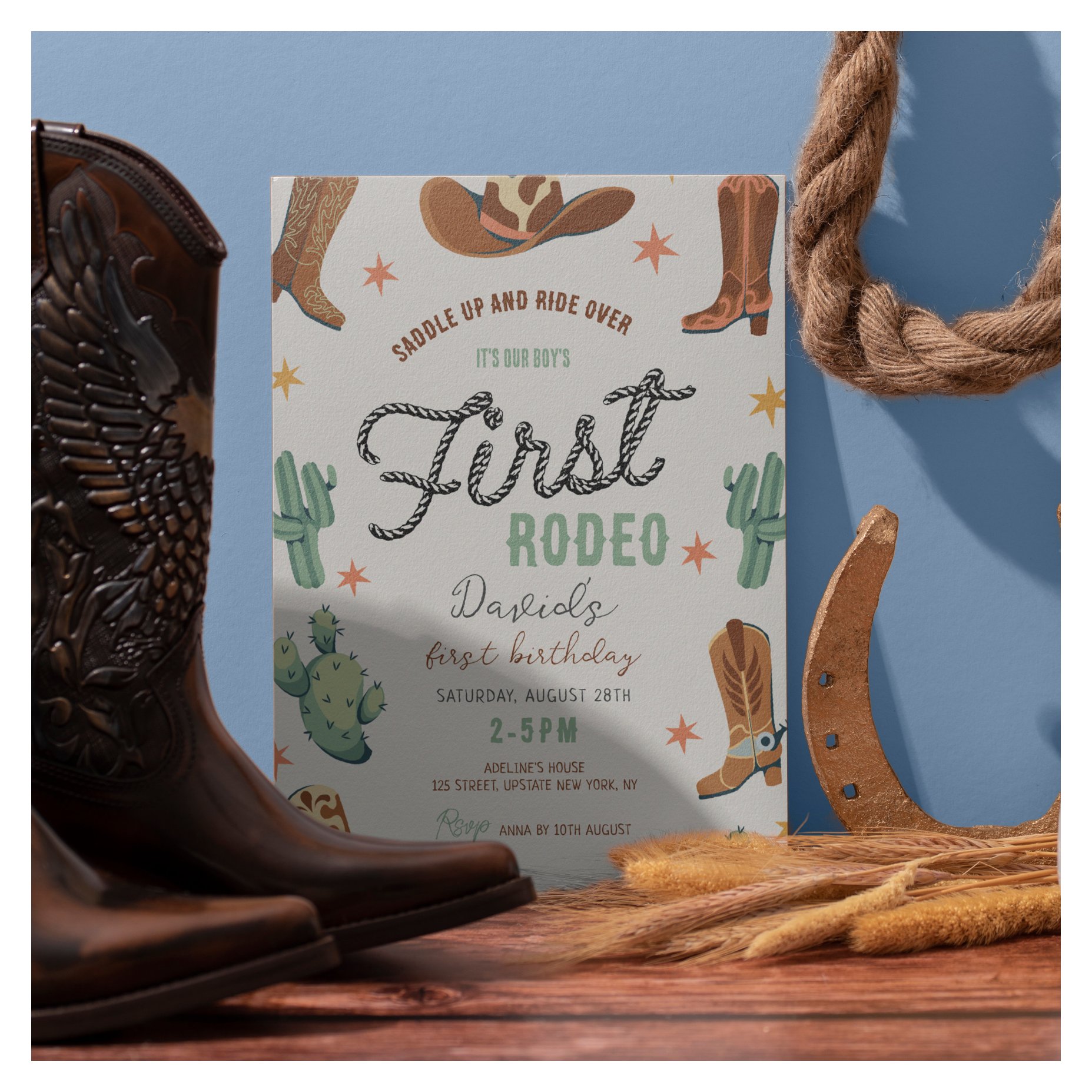 Boy's First Rodeo Birthday Cowboy Cute Kids Invitation