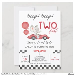 Boys Red Racing Car Elephant Two Fast 2nd Birthday Invitation