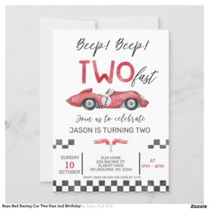 Boys Red Racing Car Two Fast 2nd Birthday Invitation