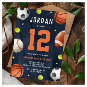 Boys Sports Theme Orange Navy Birthday Party Invitation