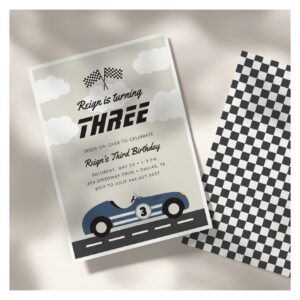 Boys Vintage Blue Race Car Birthday Party Invitation