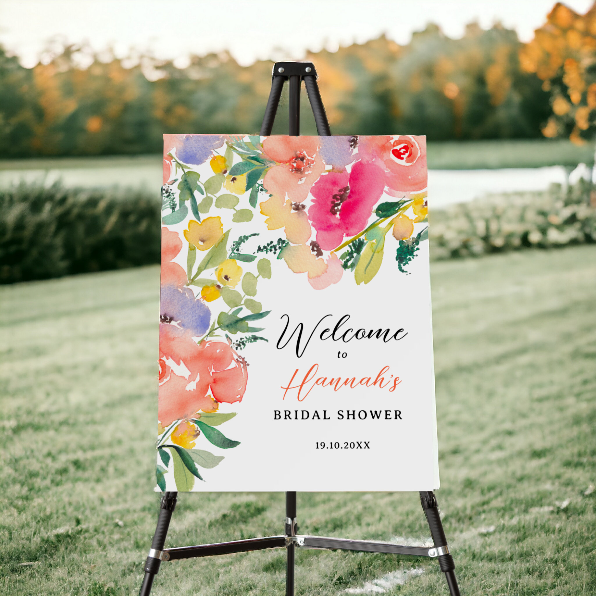 Bright bold boho garden floral bridal welcome foam board