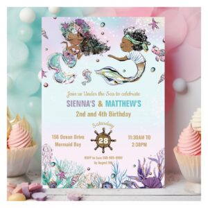 Brown African Mermaid Pirate Twins Joint Birthday Invitation