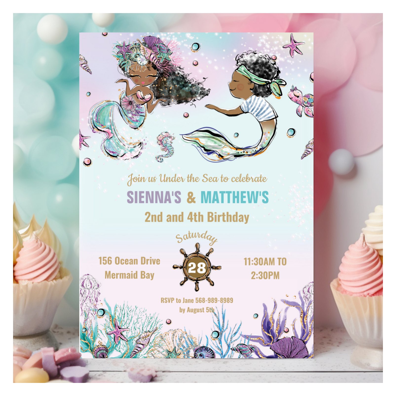 Brown African Mermaid Pirate Twins Joint Birthday Invitation