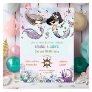 Brown Hair Mermaids Pirates Twins Joint Birthday Invitation