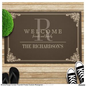 Brown Taupe Corner Flourish Frame Custom Monogram Doormat