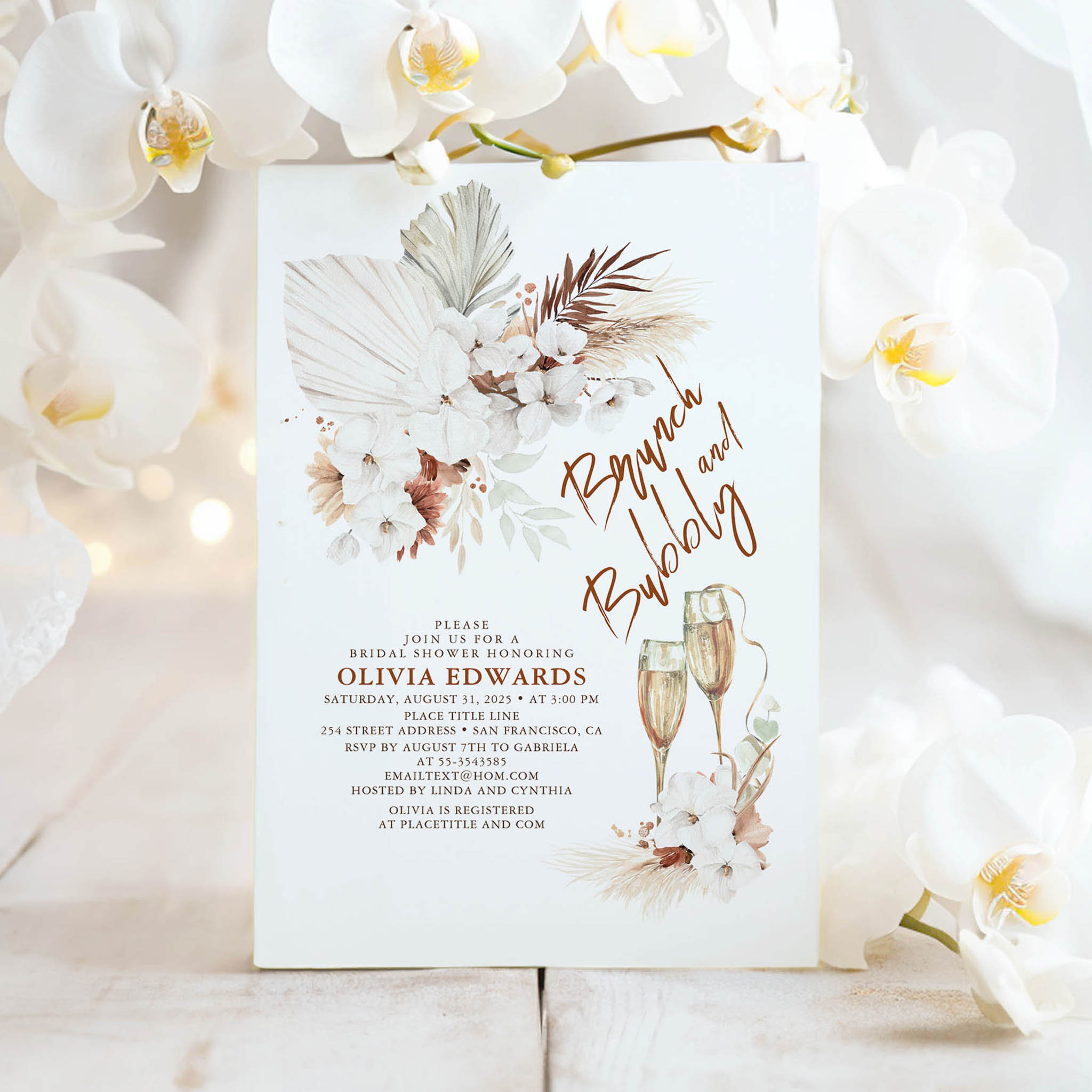 Brunch and Bubbly Boho Pampas Grass Bridal Shower Invitation