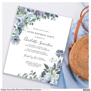 Budget Dusty Blue Floral 100th Birthday Invitation