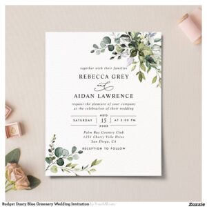 Budget Dusty Blue Greenery Wedding Invitation