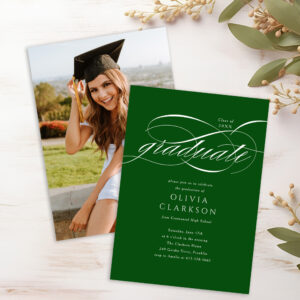 Budget Green Elegant Script Photo Graduation Party Invitation