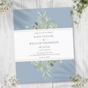 Budget Greenery Dusty Blue Wedding Invitation