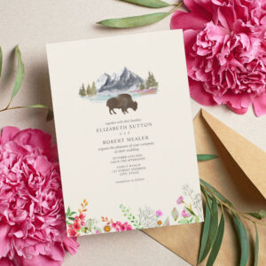 Buffalo Bison Watercolor Mountains Floral Wedding Invitation