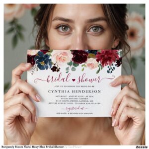 Burgundy Bloom Floral Navy Blue Bridal Shower Invitation