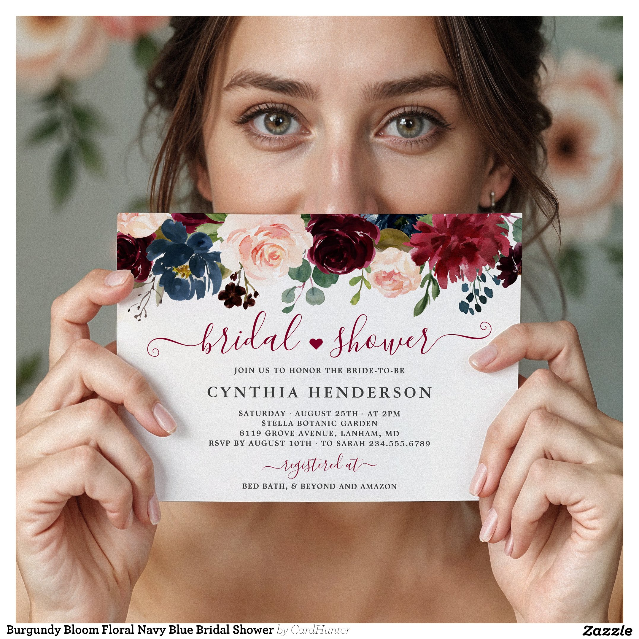 Burgundy Bloom Floral Navy Blue Bridal Shower Invitation