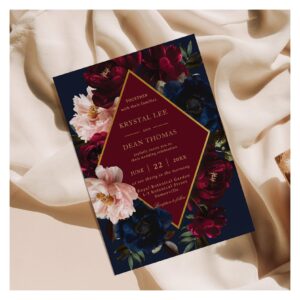 Burgundy Blush Dark Navy Blue Floral Gold Wedding Invitation
