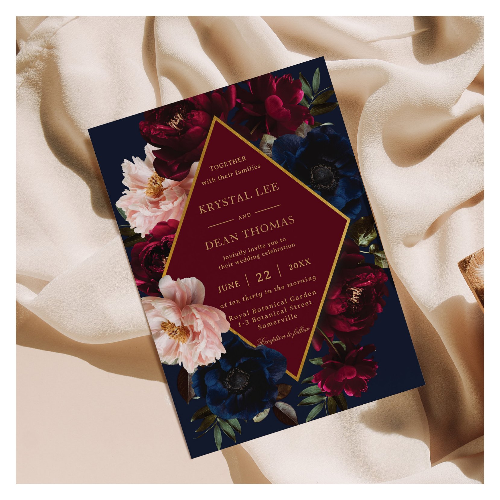 Burgundy Blush Dark Navy Blue Floral Gold Wedding Invitation