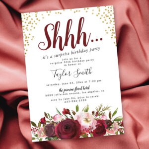 Burgundy Blush Floral Surprise Birthday Party Invitation