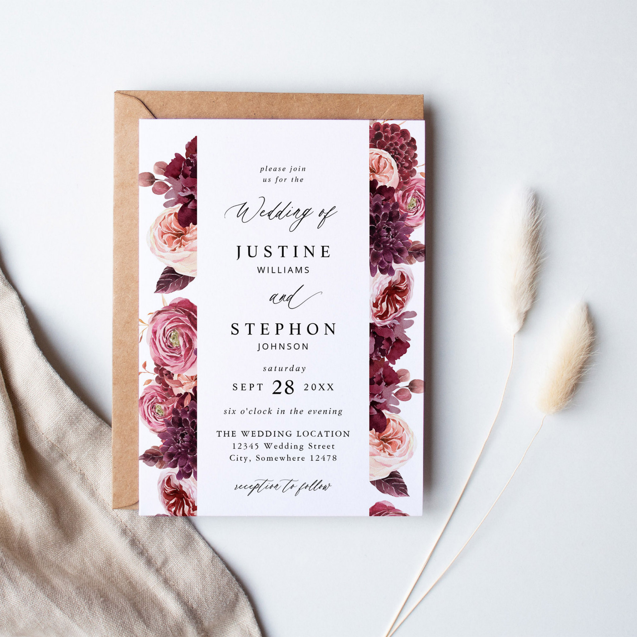 Burgundy & Blush Pink 8B Wedding 2 Invitation