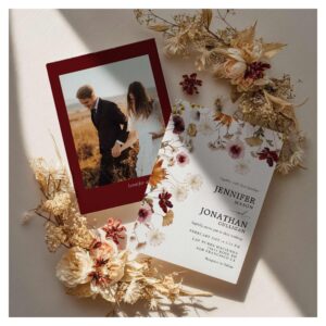 Burgundy Boho Fall Floral Photo Wedding Invitation