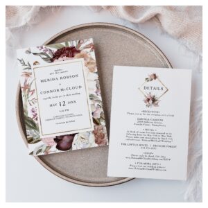 Burgundy Boho Floral All In One Wedding Invitation