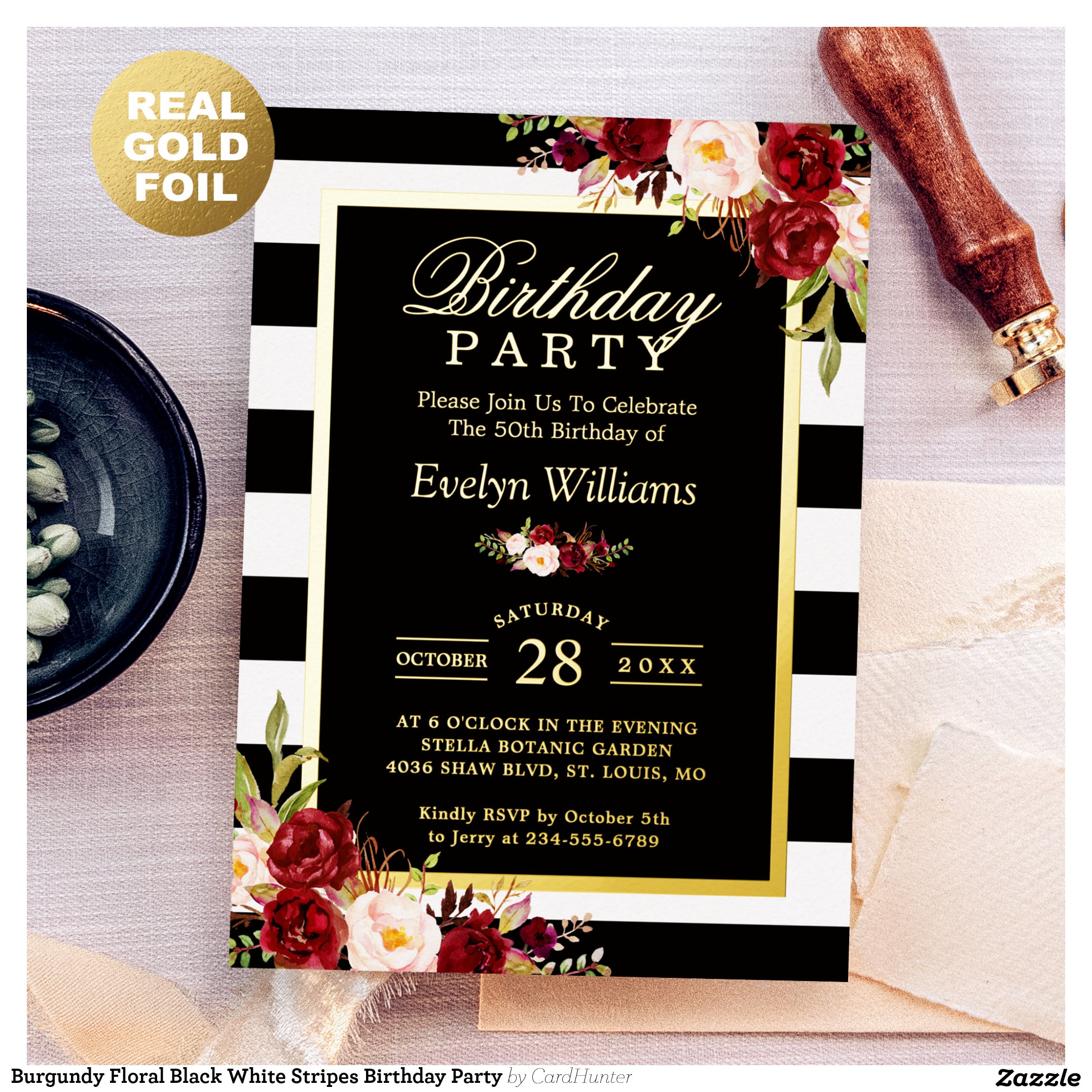 Burgundy Floral Black White Stripes Birthday Party Foil Invitation