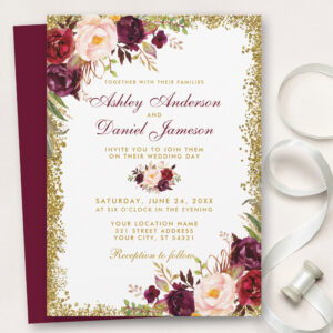 Burgundy Floral Gold Glitter Wedding Invitation B