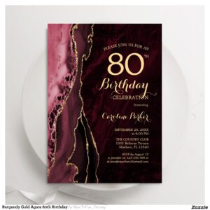 Burgundy Gold Agate 80th Birthday Invitation