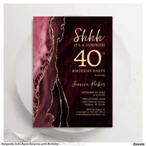 Burgundy Gold Agate Surprise 40th Birthday Invitation
