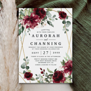 Burgundy Red Blush Gold Geometric Greenery Wedding Invitation